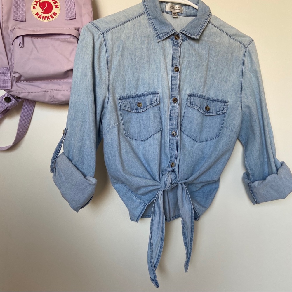 Front-tie Cropped Button-Up Denim Top